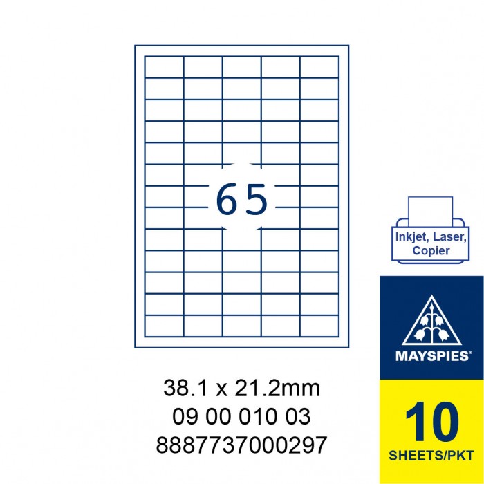 MAYSPIES 09 00 010 03 LABEL FOR INKJET / LASER / COPIER 10 SHEETS/PKT WHITE 38.1 X 21.2MM